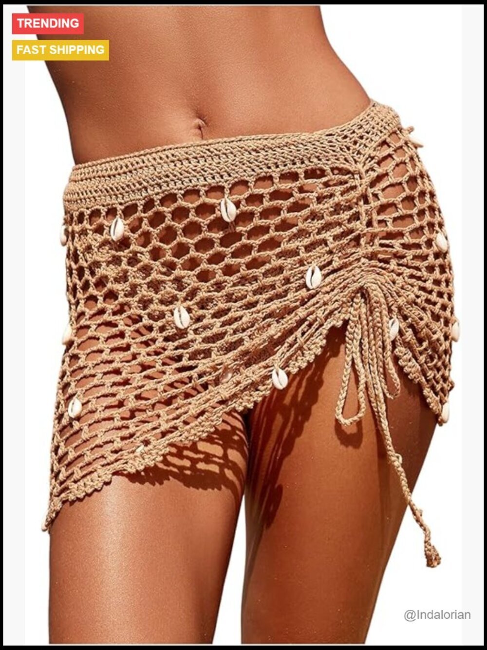Hollow Out Crochet Beach Cover Up Skirt Drawstring Front See Through